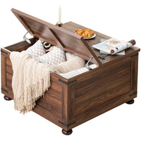 Brown wood farmhouse coffee table with open flip-top lid and hidden storage