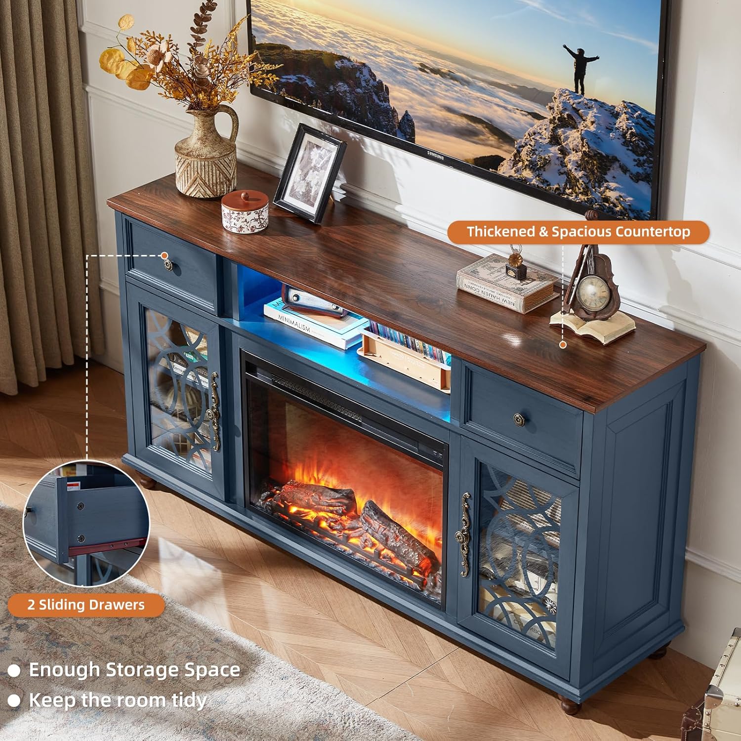 Blue fireplace TV stand with thick wood top, sliding drawers, glass side doors