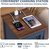 Narrow Side Table with Charging Station, Night Stand with Glass Door, Bedside End Tables with Adjustable Shelf Storage Cabinet,Wood Nightstand for Small Spaces Living Room Bedroom