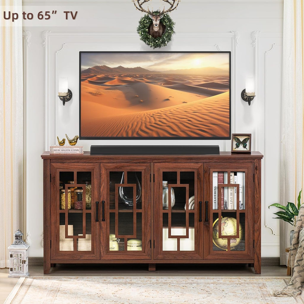 Brown wood sideboard with two glass doors and decorative geometric door panels