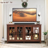 Brown wood sideboard with two glass doors and decorative geometric door panels