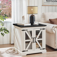 White farmhouse nightstand with glass barn doors and black tabletop.
