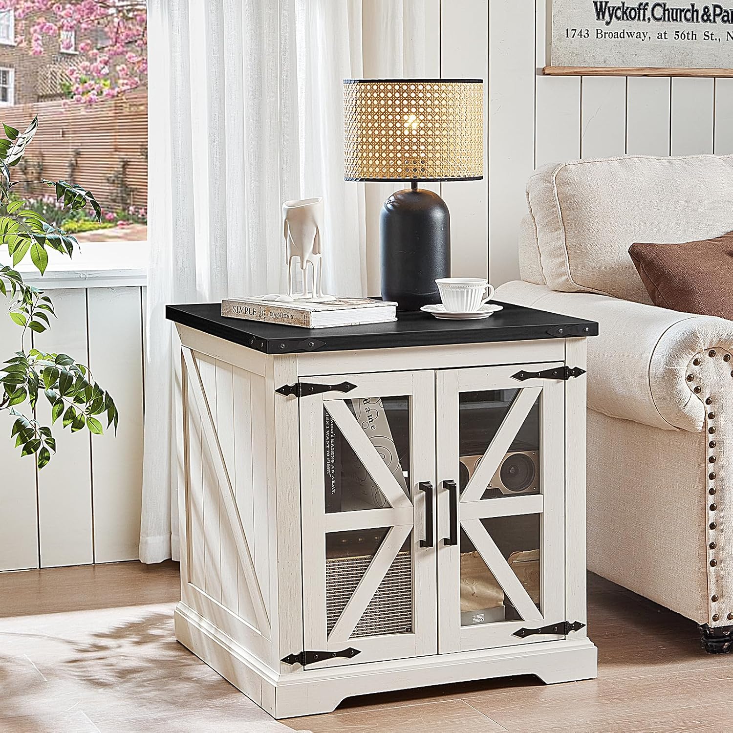 24" End Table with Charging Station, Farmhouse Night Stand with Glass Barn Door, White Nightstands with Adjustable Storage Shelf, Large Wood Square Bed Side Table for Living Room,Bedroom