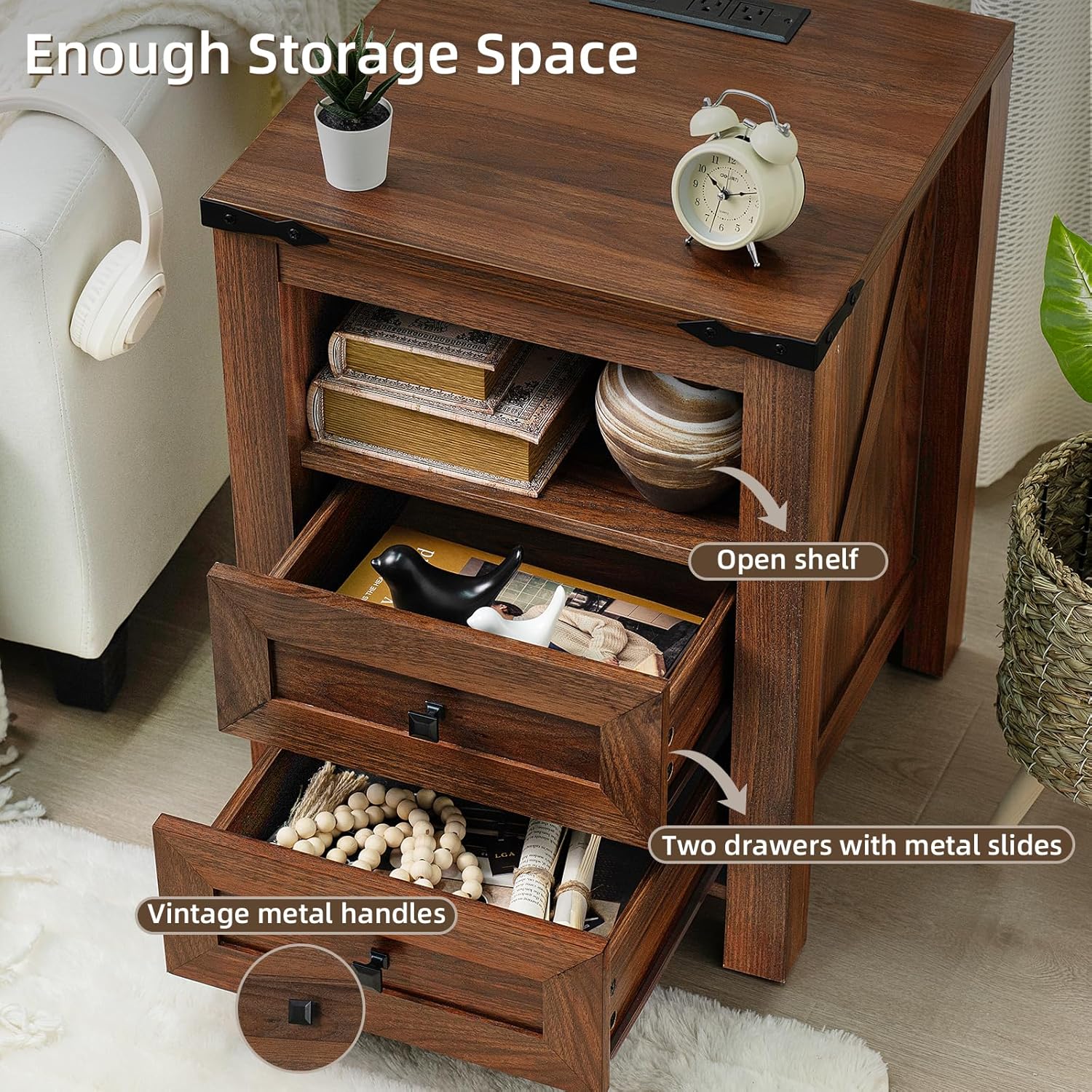 Farmhouse nightstand showing open shelf and two drawers with metal slide rails