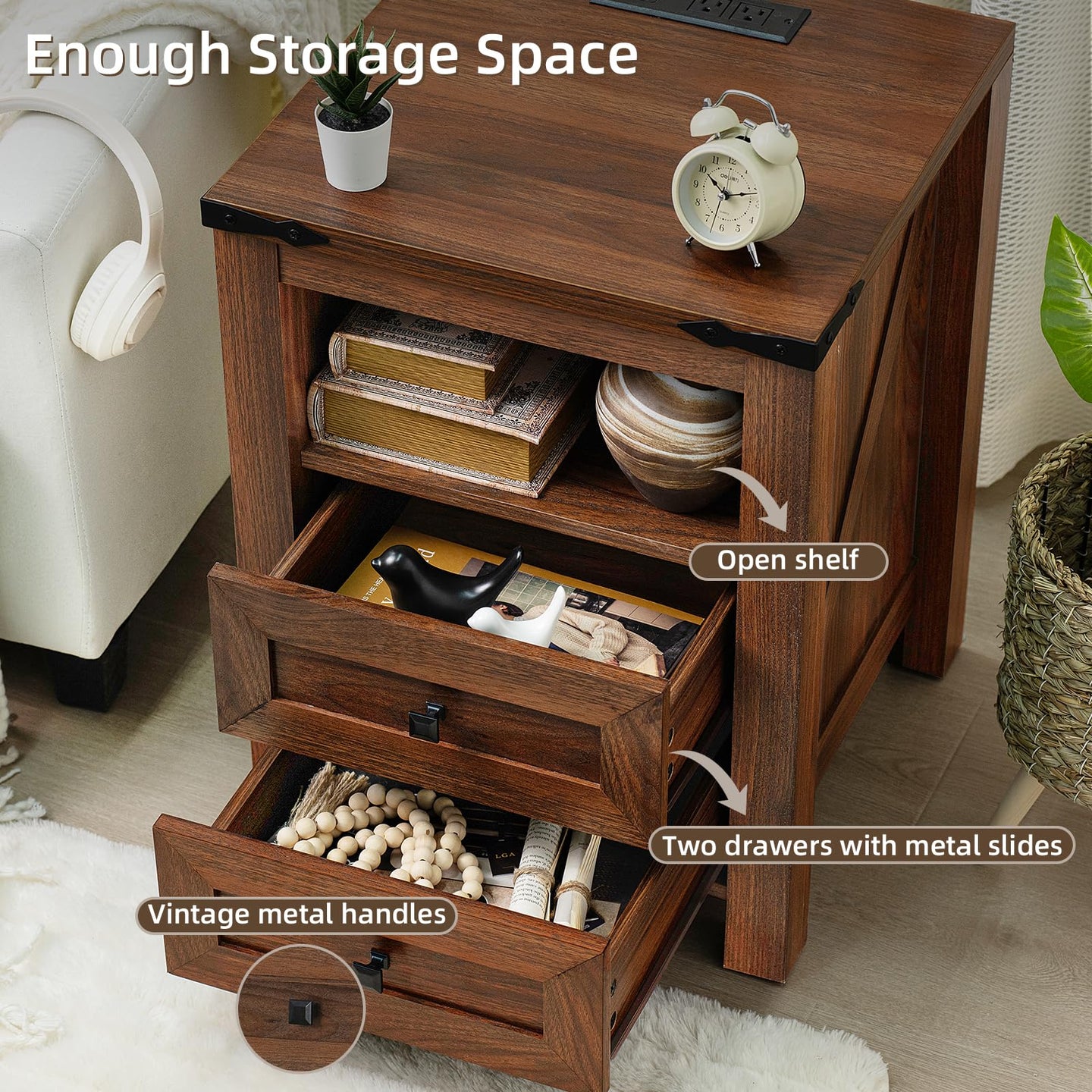 Brown wooden nightstand with open shelf and two drawers with metal slide runners.