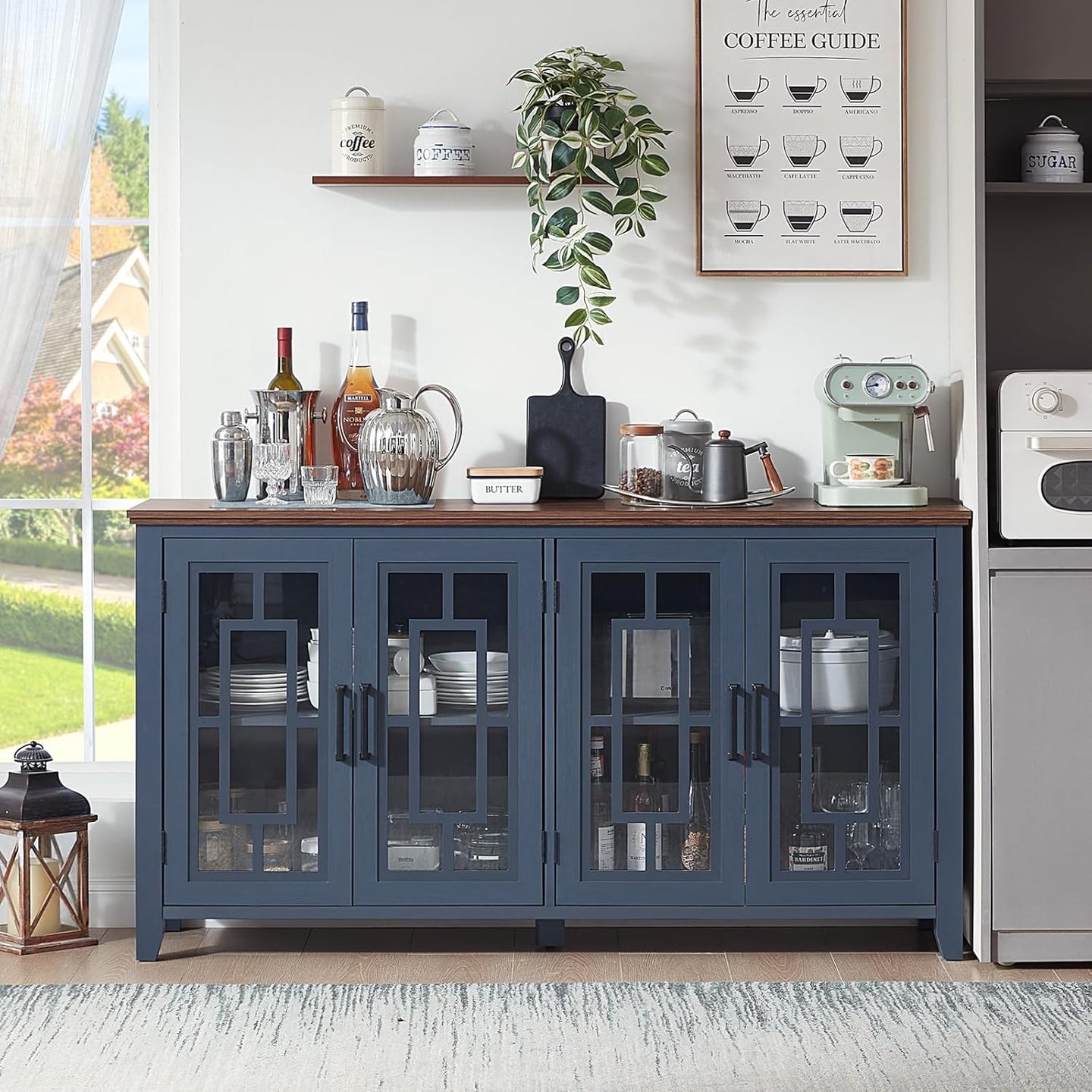 Sideboard buffet cabinet front with four glass doors and open storage, dark blue-gray