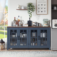 Sideboard buffet cabinet front with four glass doors and open storage, dark blue-gray
