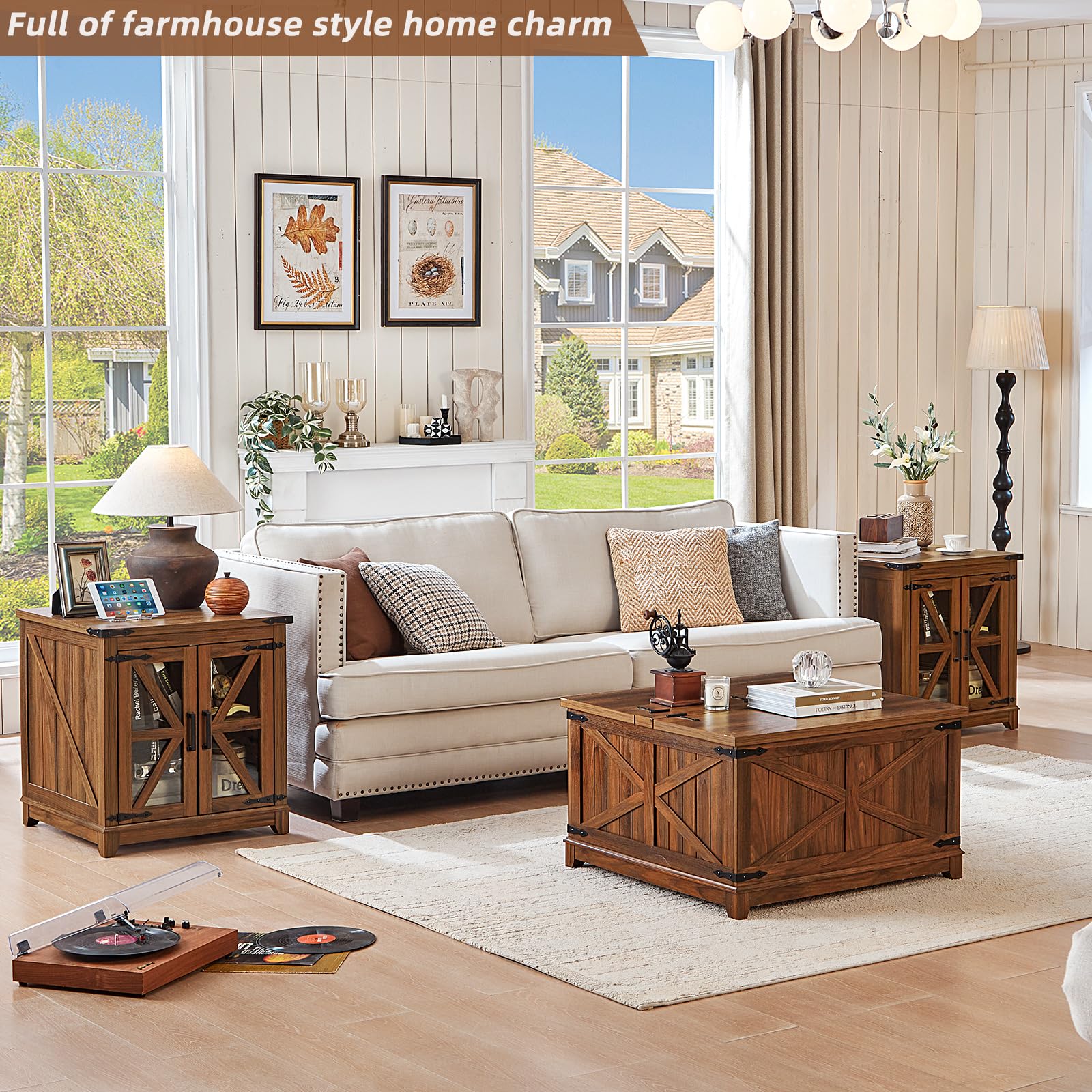 Brown wood coffee table set with two matching end tables for living room storage.