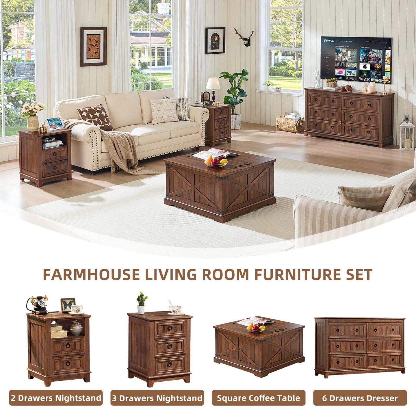 Brown walnut lift-top square coffee table with hidden storage in living room
