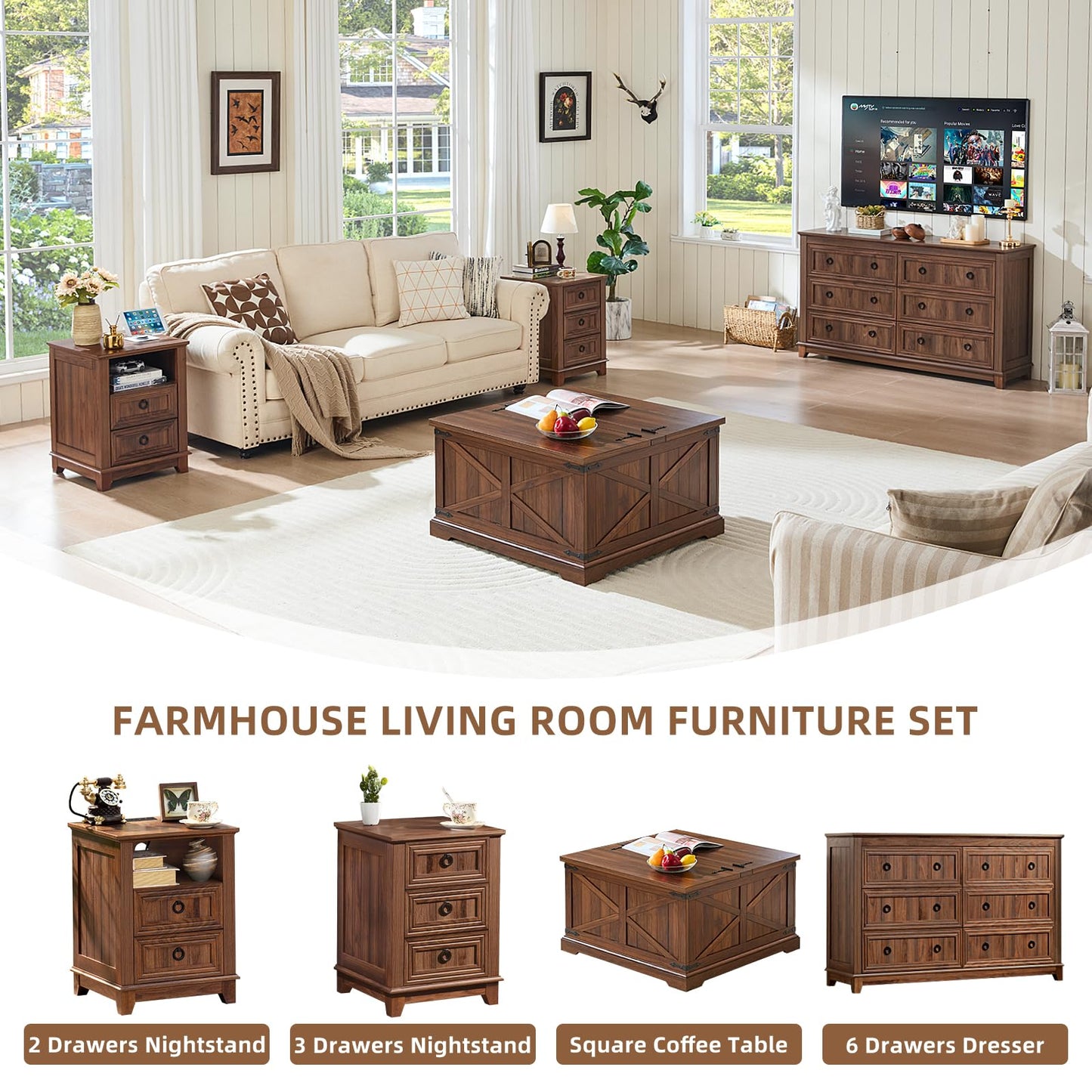 Brown walnut lift-top square coffee table with hidden storage in living room
