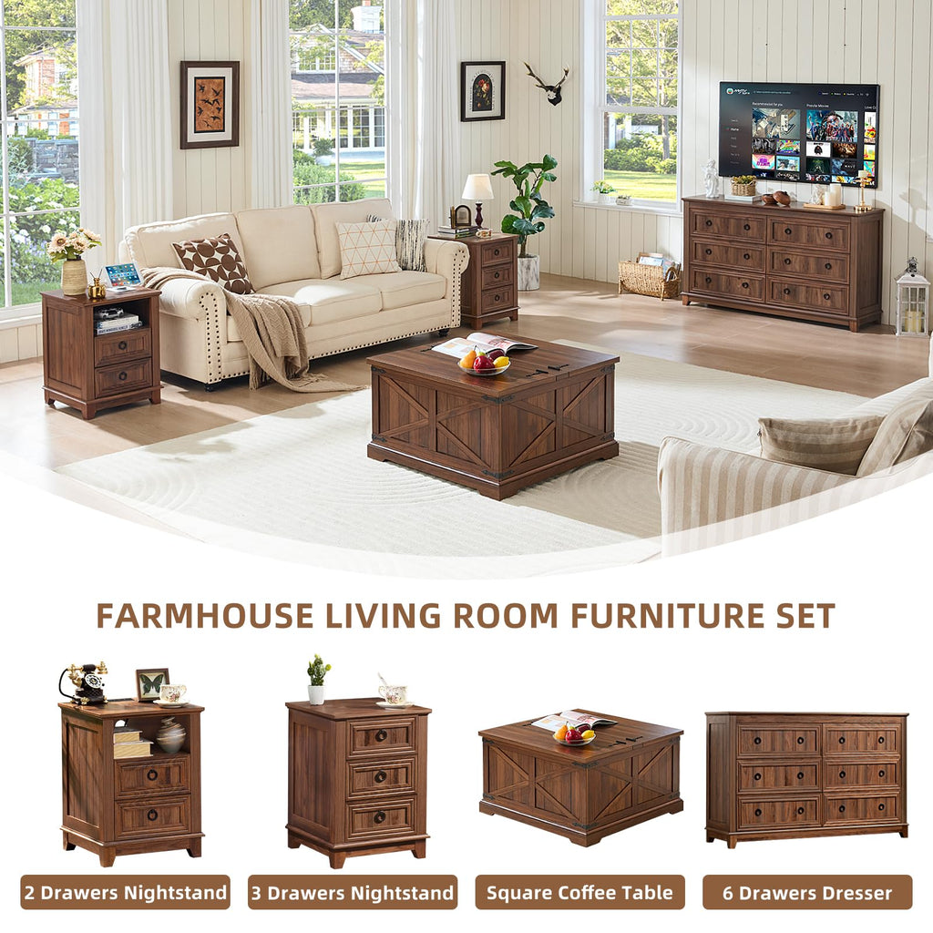 Square brown storage coffee table with hinged lift top and crosshatch door design