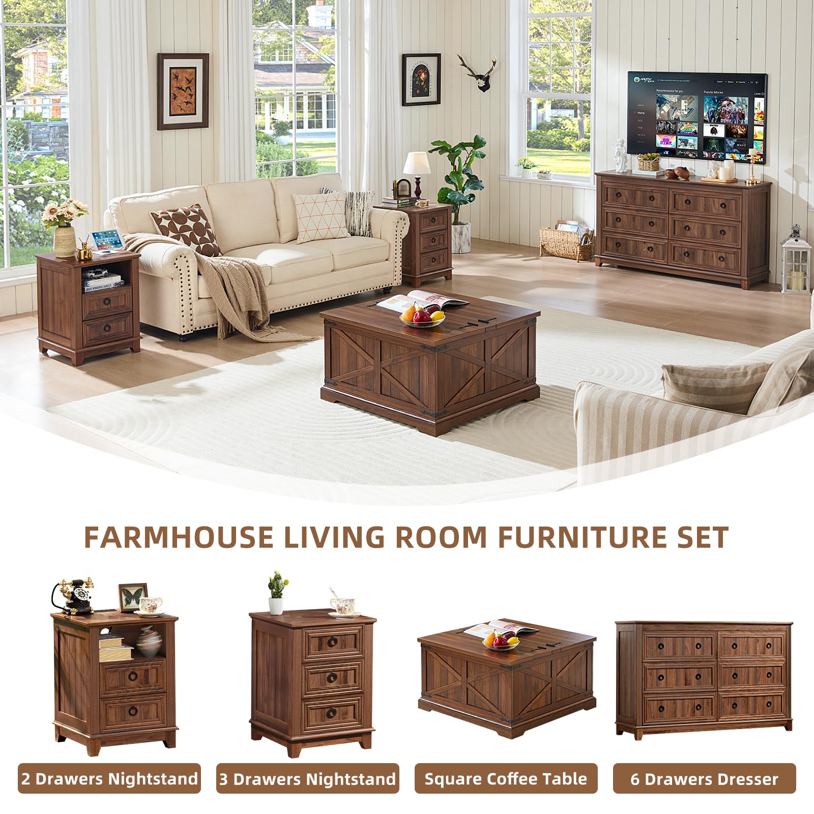 Square brown storage coffee table with hinged lift top and crosshatch door design