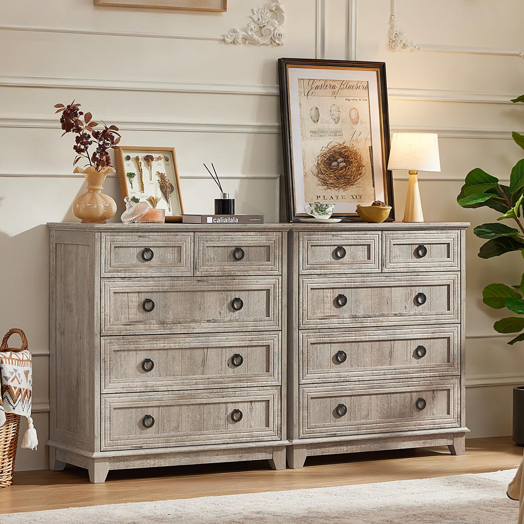 Grey farmhouse double dresser with drawers and black metal knobs