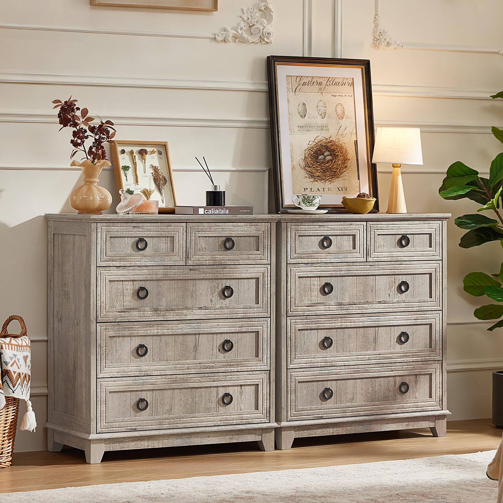 Grey farmhouse double dresser with drawers and black metal knobs