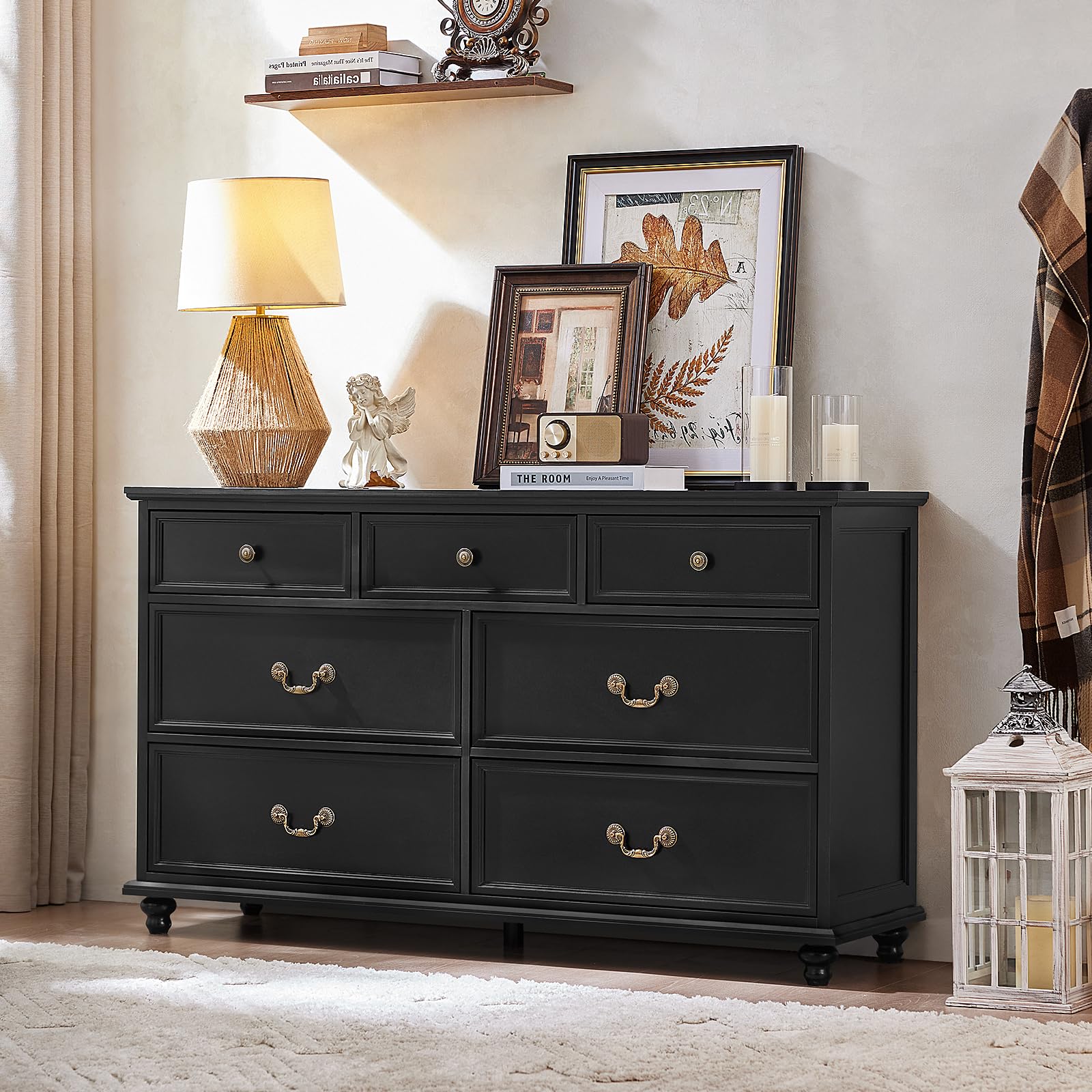 Farmhouse 54" 7 Drawers Dresser for Bedroom, Wide Chest of Drawers w/ 4 Wooden Legs, Vintage Rustic Large Closet Storage Dressers Organizer for Hallway, Wood TV Stand for Living Room, Blue