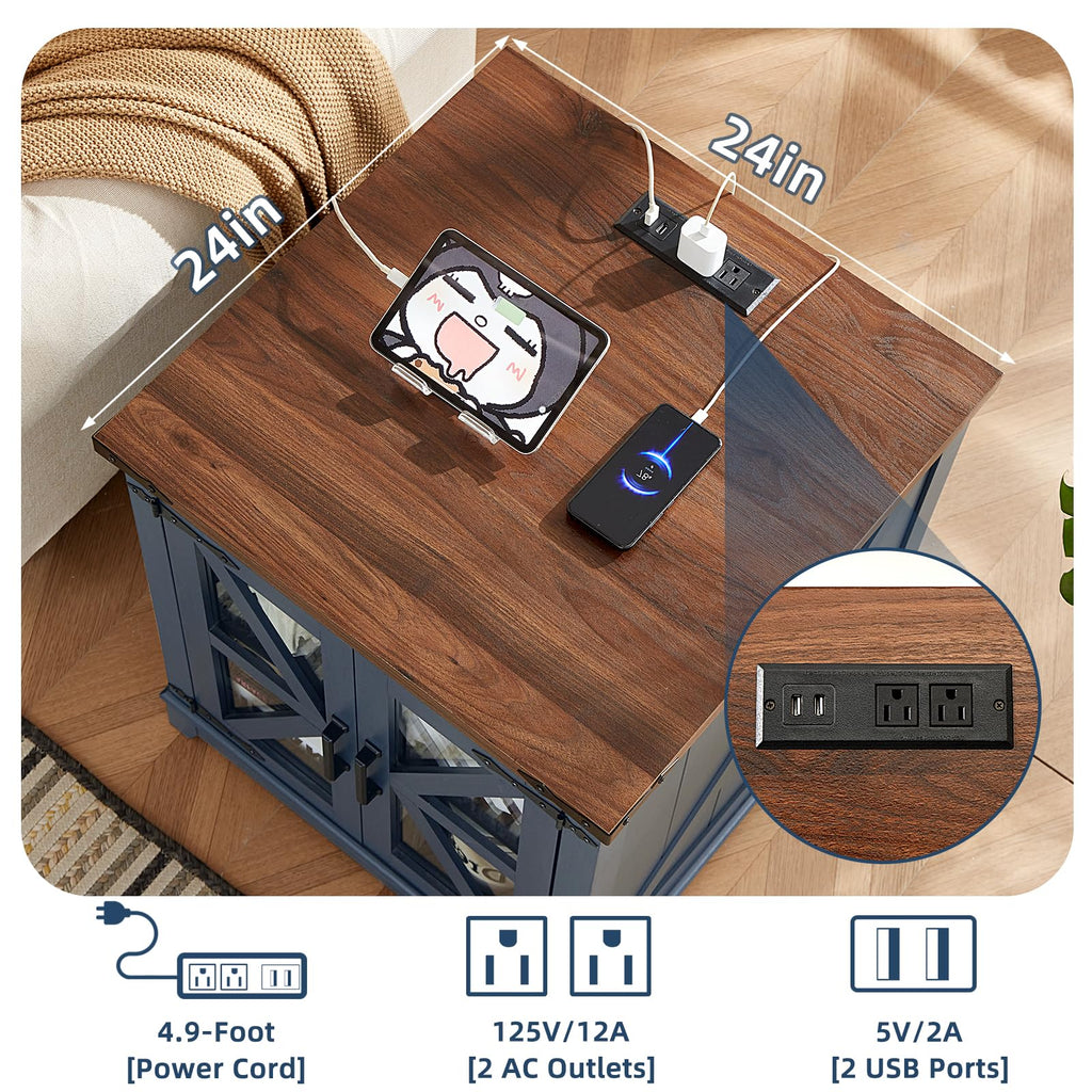 Farmhouse end table with walnut wood top and charging ports, device on the surface