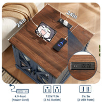 Farmhouse end table with walnut wood top and charging ports, device on the surface