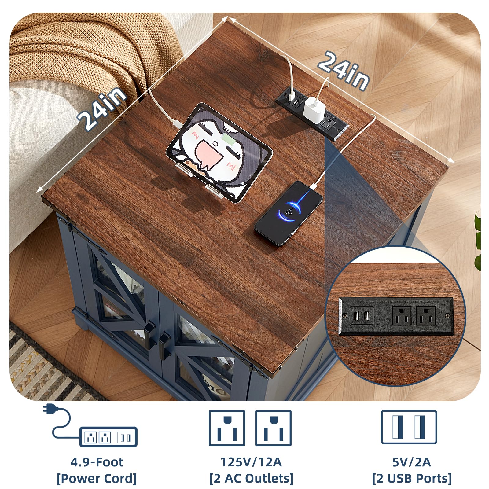 Farmhouse end table with walnut wood top and charging ports, device on the surface