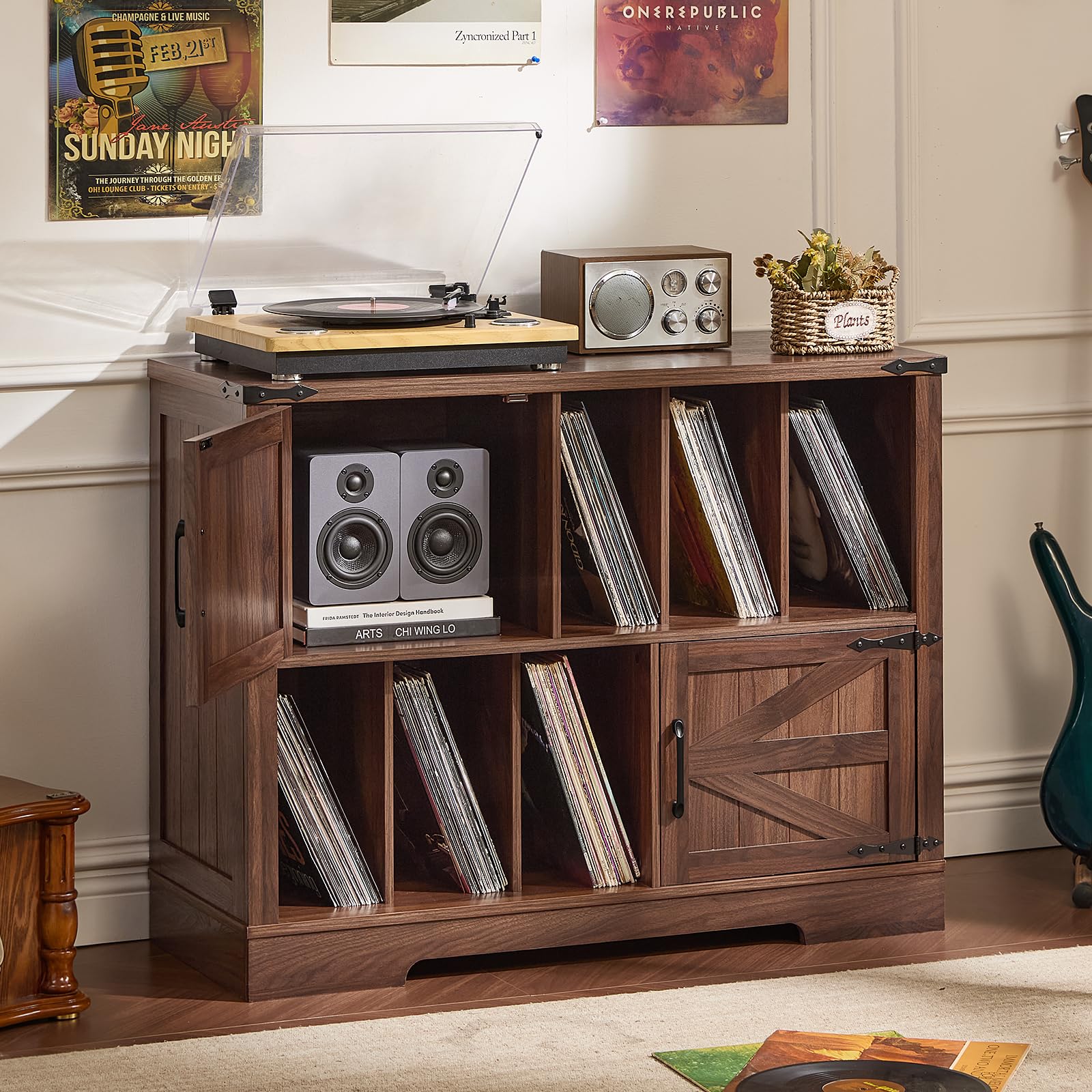 Brown wood record player cabinet with vinyl storage shelves and barn-door doors