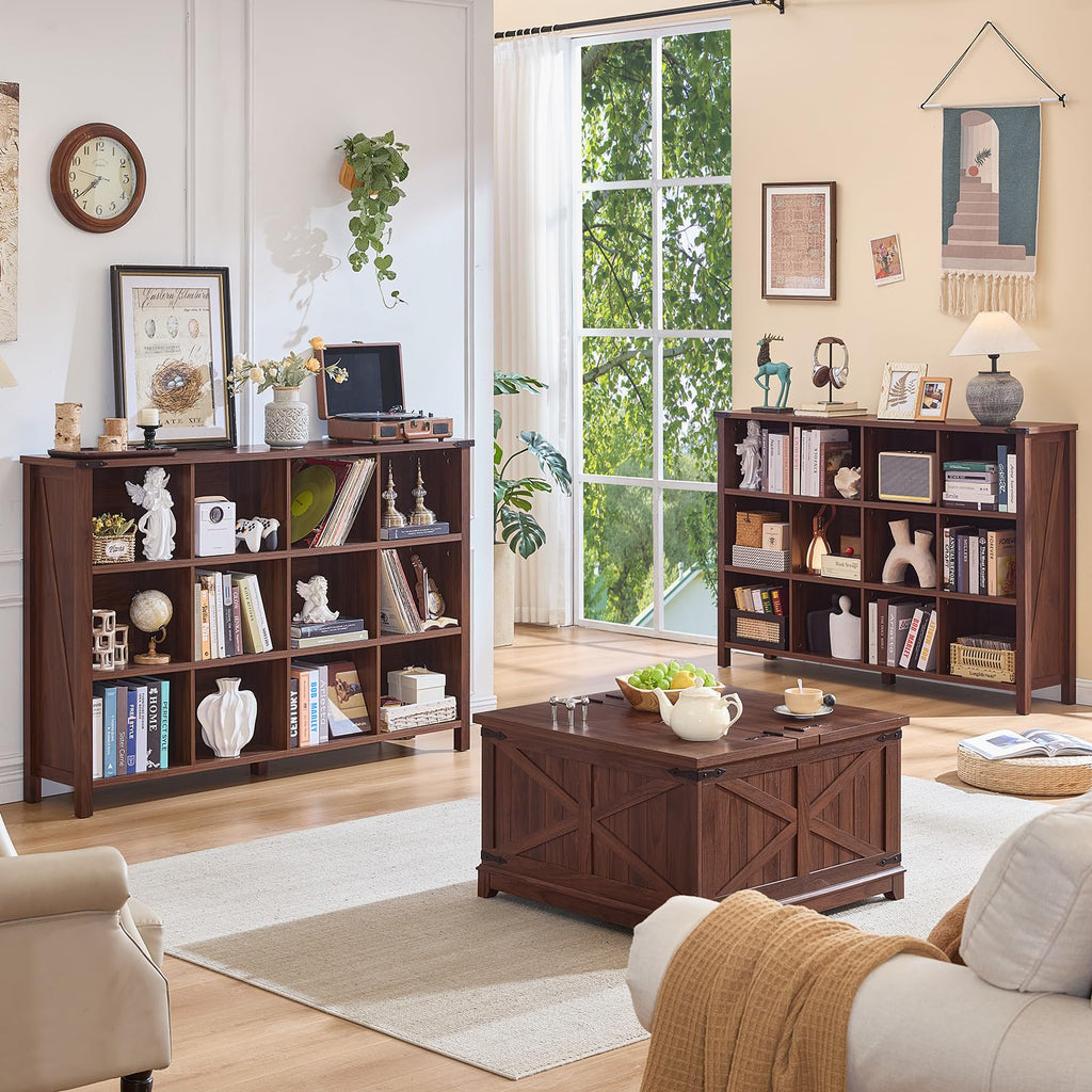 Brown farmhouse bookcase with open compartments and legs, styled with books and decor items
