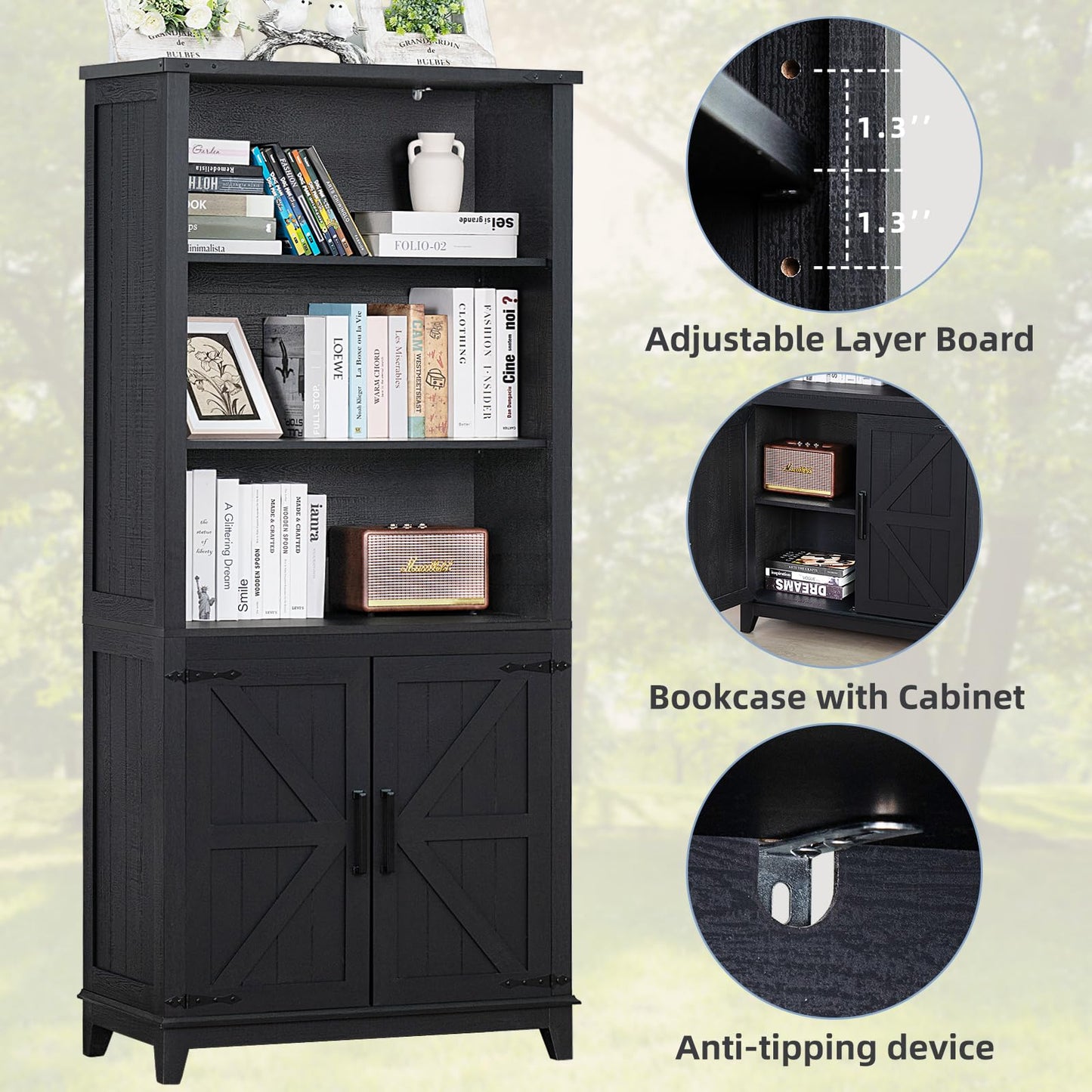 Joaxswe 70in Tall Bookshelf 5 Tier Bookcase with Barn Doors and Adjustable Shelves, Blue Farmhouse Book Shelf with Storage Cabinet, Wood Freestanding Display Bookshelves for Bedroom, Living Room
