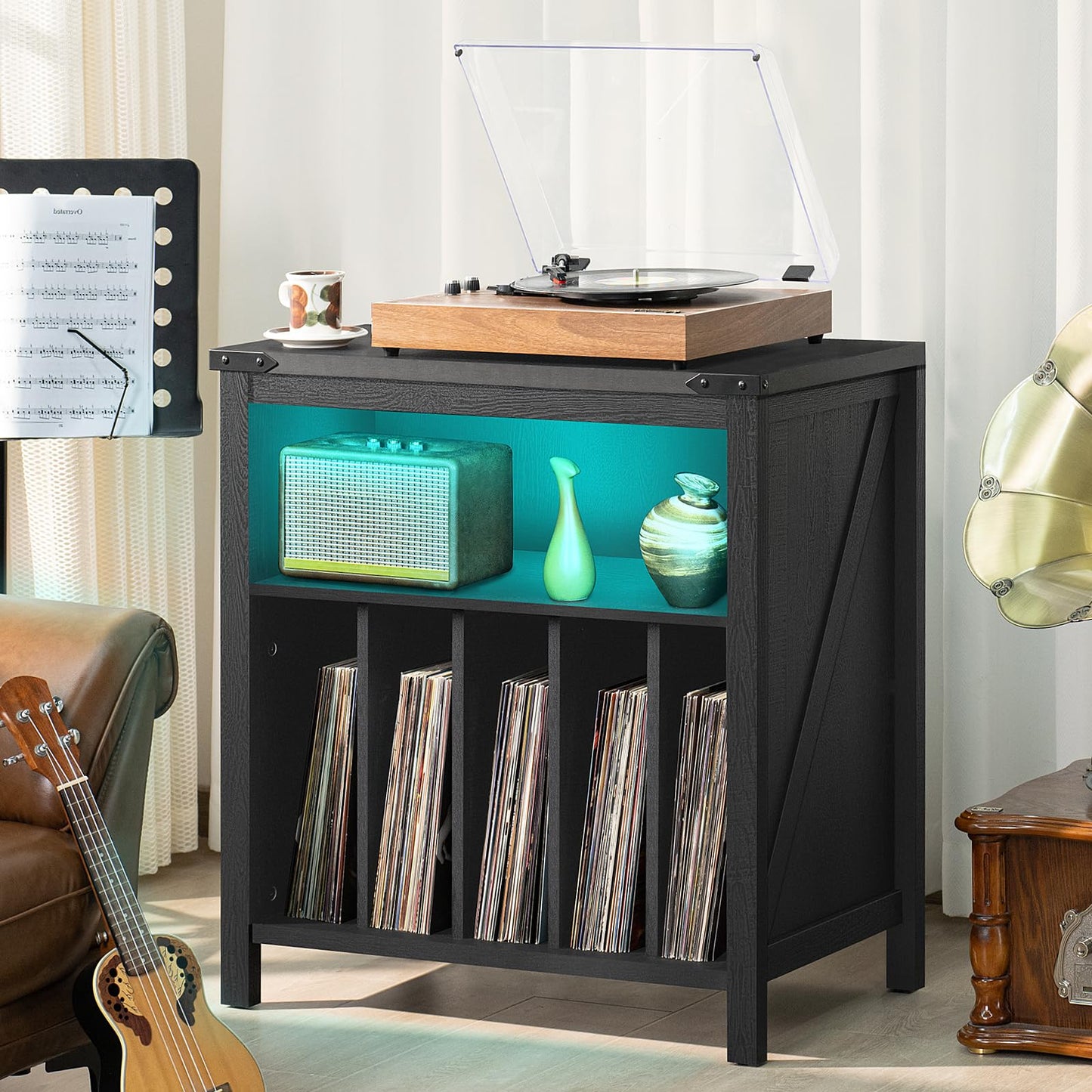 Black record player stand with glass lid, teal LED shelf, and vinyl record storage