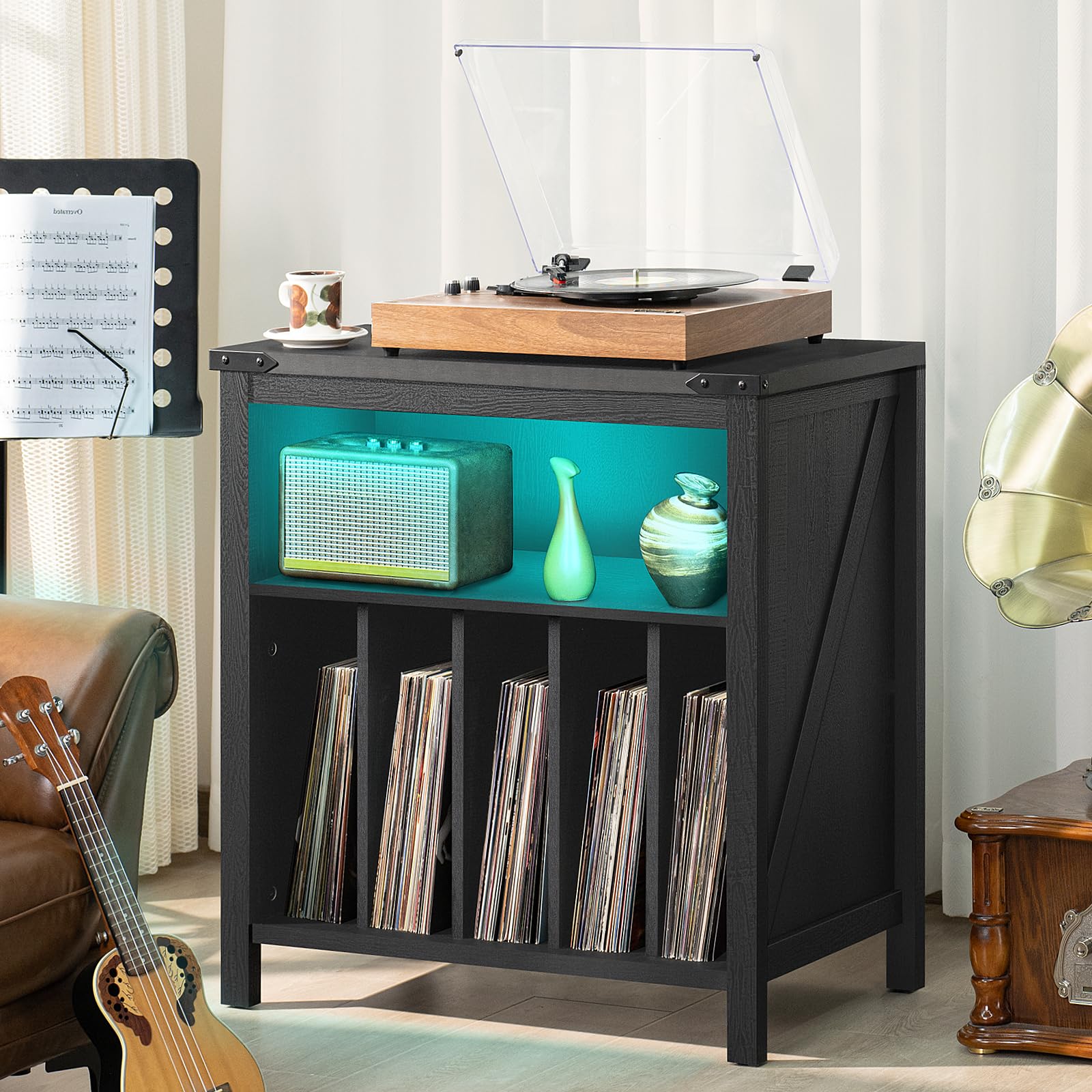 Black record player stand with green LED interior and vinyl storage shelves