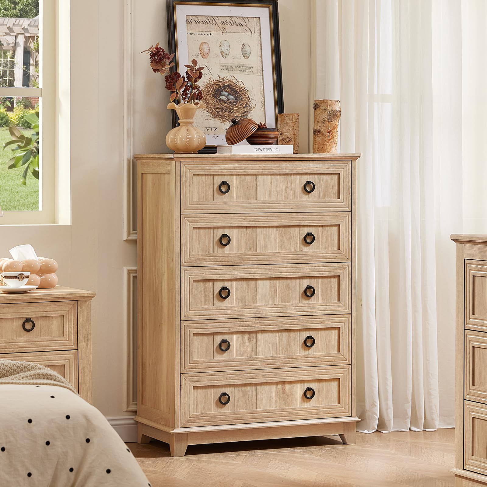 Farmhouse 5-drawer dresser with metal ring pulls, light natural wood finish