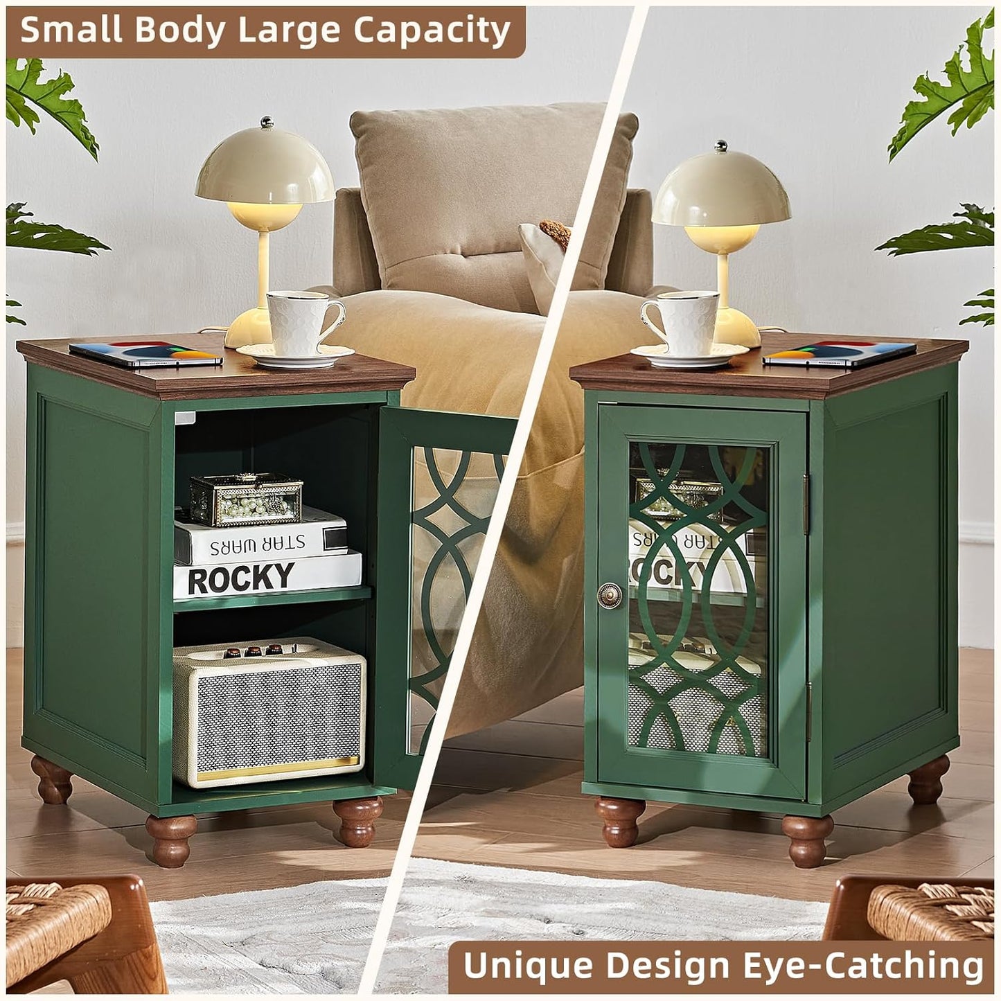 Narrow Side Table with Charging Station, Night Stand with Glass Door, Bedside End Tables with Adjustable Shelf Storage Cabinet,Wood Nightstand for Small Spaces Living Room Bedroom