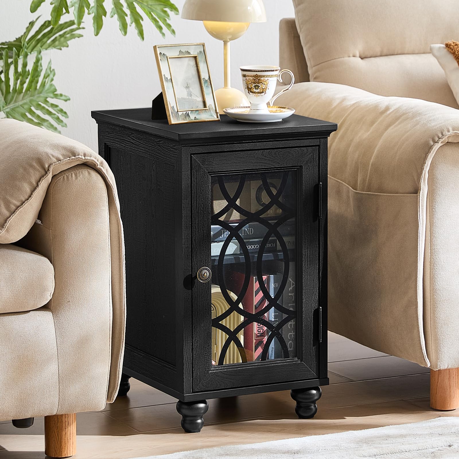 Black wood nightstand cabinet with glass door and dark top, storage compartment visible