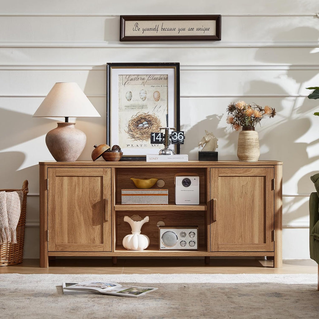Rustic dark wood TV console with two doors and open center storage shelves