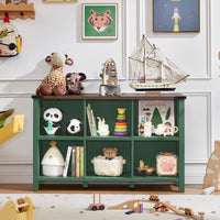Green low storage bookcase with open compartments, top surface display, and side shelves