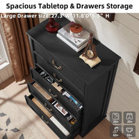 Black dresser with wide tabletop and open drawers showing storage compartments, side angle view.