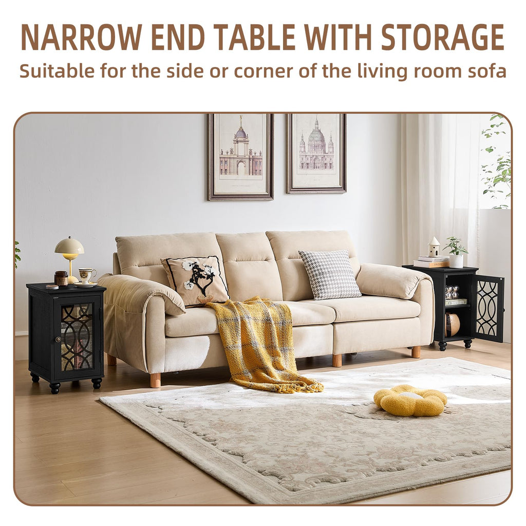 Narrow end table with storage cabinet and glass door, dark top with white frame