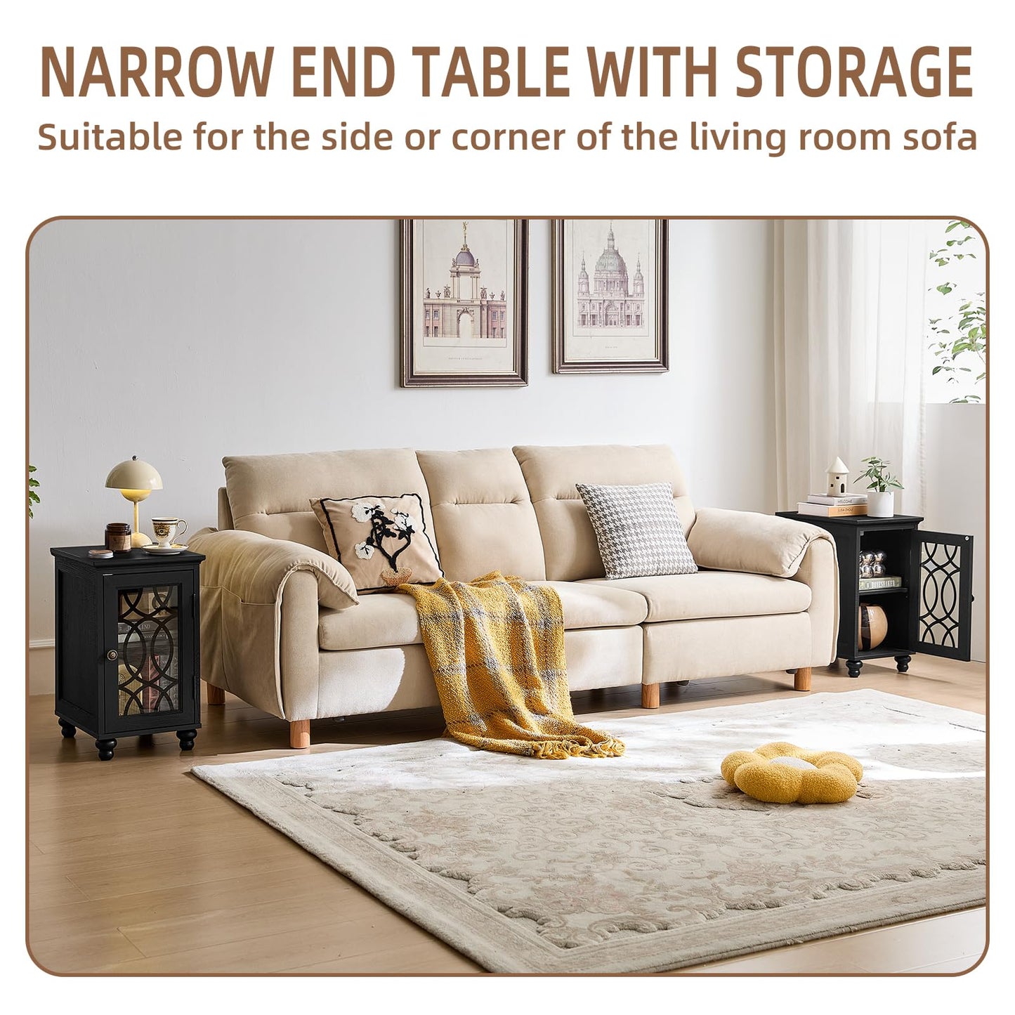 Narrow end table with storage cabinet and glass door, dark top with white frame