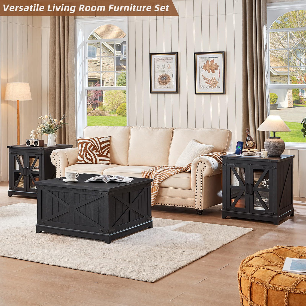 Black farmhouse coffee table set with lift top and open shelf storage