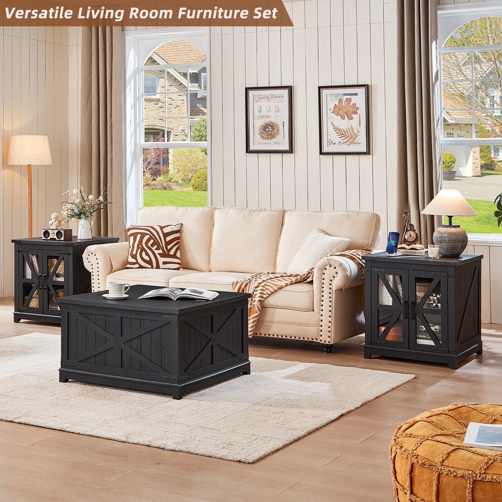 Black farmhouse coffee table set with lift top and open shelf storage
