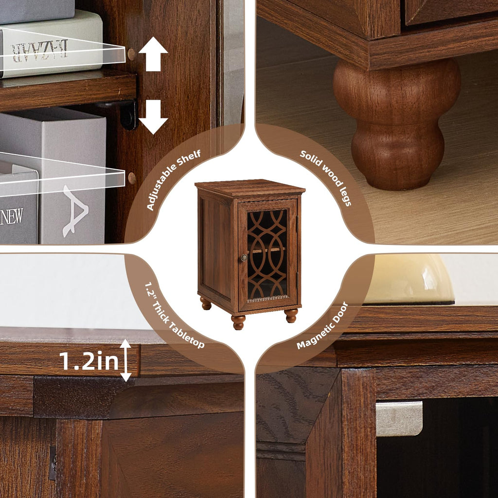 Narrow cabinet side table with lattice glass door, turned legs, and decorative panels.
