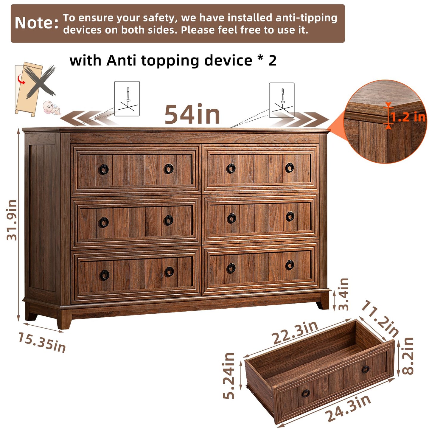 Dark wood 6-drawer dresser with one drawer open and black round pull knobs
