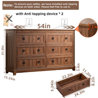 Dark wood 6-drawer dresser with one drawer open and black round pull knobs