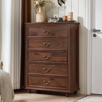 Dark brown wooden 5-drawer dresser with metal handles and four bun feet