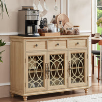 Natural wood farmhouse sideboard cabinet with 3 doors, crosshatch glass panels, and drawers