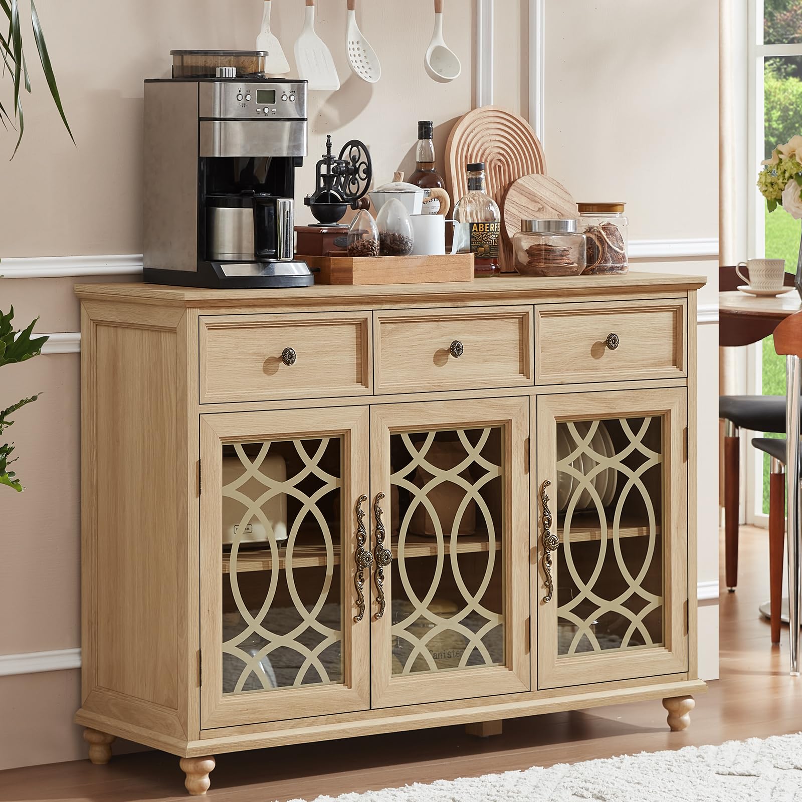Light wood farmhouse sideboard cabinet with 2 drawers and 3 glass doors, lattice panels