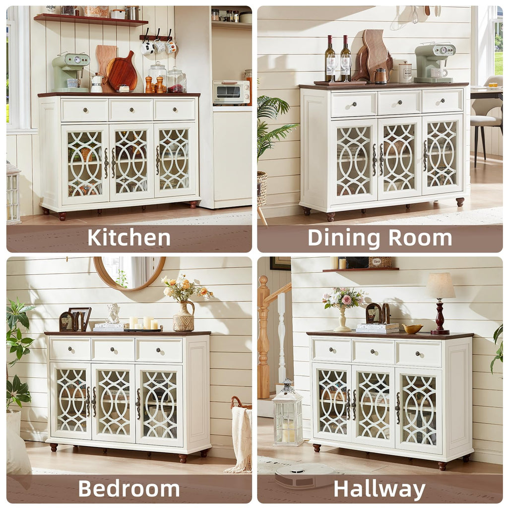 White sideboard buffet with three drawers and three glass-panel door cabinets