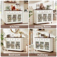 White sideboard cabinet with lattice glass doors and drawer storage