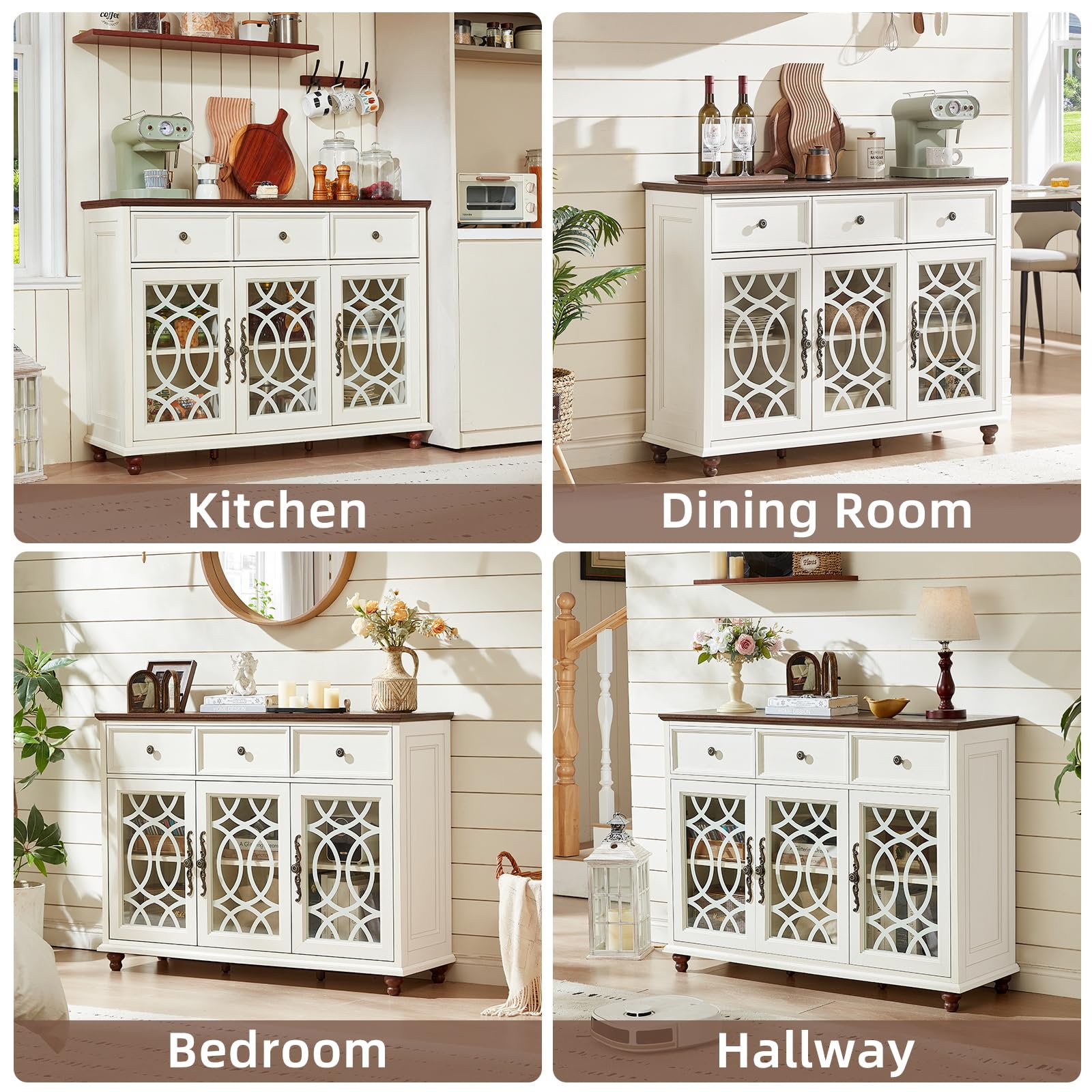White sideboard buffet with three drawers and three glass-panel door cabinets