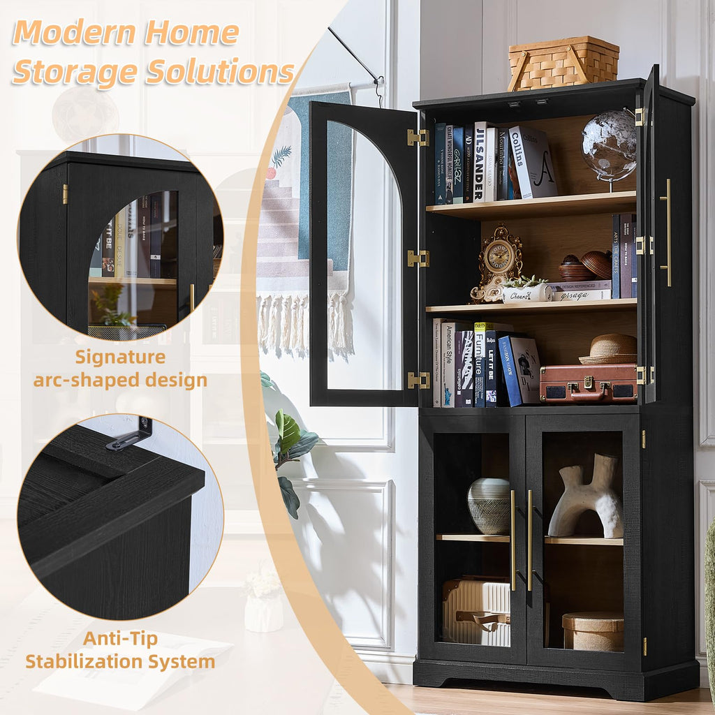 Black tall bookshelf showing open doors, arched glass design, and anti-tip stabilization system