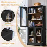 Black tall bookshelf showing open doors, arched glass design, and anti-tip stabilization system