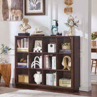 Brown wooden cube storage bookcase with open cubbies for books, decor, and collectibles.