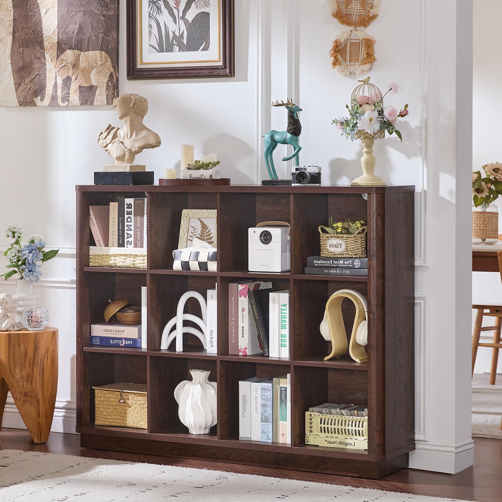 Brown wooden cube storage bookcase with open cubbies for books, decor, and collectibles.
